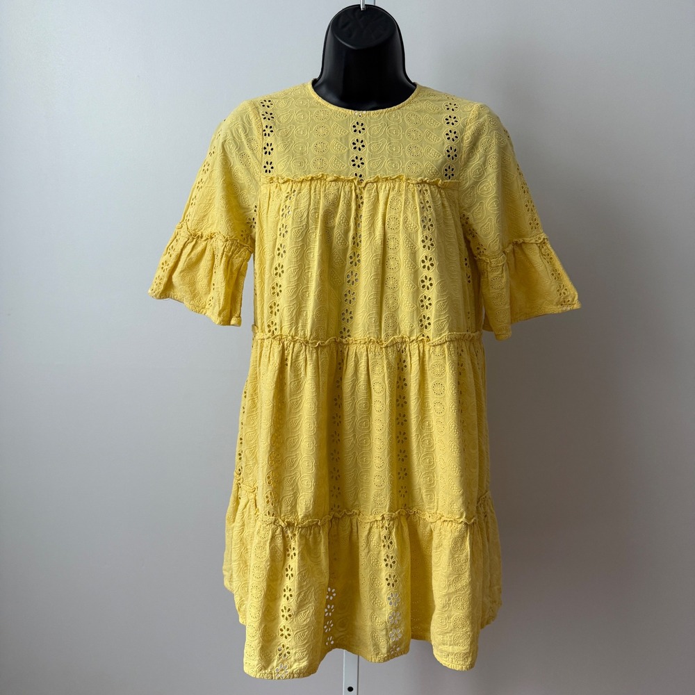 Prose & Poetry Cotton Boho Beachy Eyelet Tiered Ruffle Mini Dress‎ Small Yellow